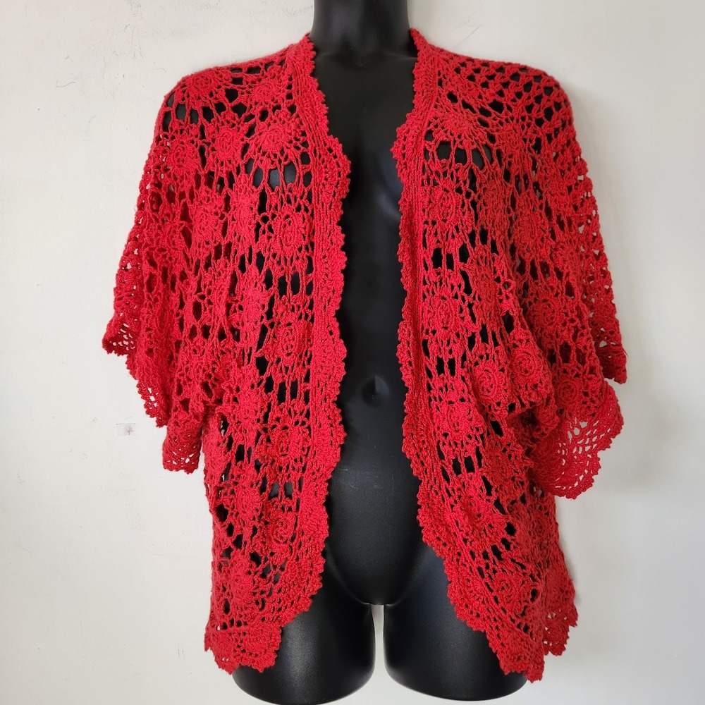 Red Floral Crochet Cardigan Sz 22/24 Boho Whimsigoth Kimono Open Front Festival - Picture 11 of 13